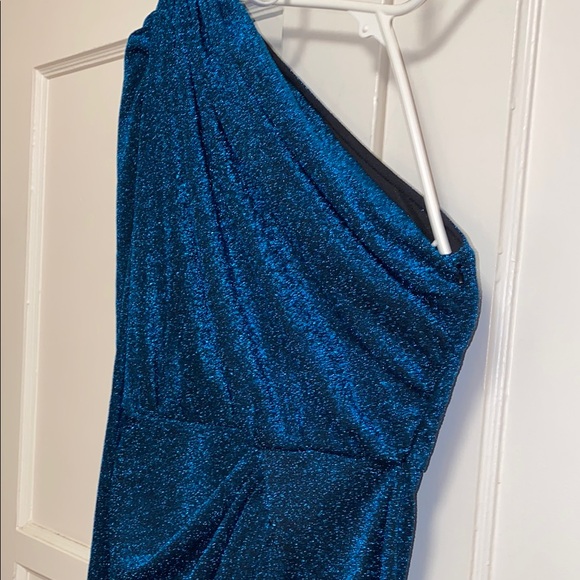 SHEIN Medium Blue Modely One Shoulder Wrap Hem Glitter Dress - Picture 10 of 12